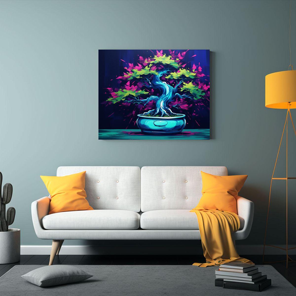 Cuadro Creativo Exclusivo: Bonsái Fucsia En Colores Verde Y 60x40cm-2