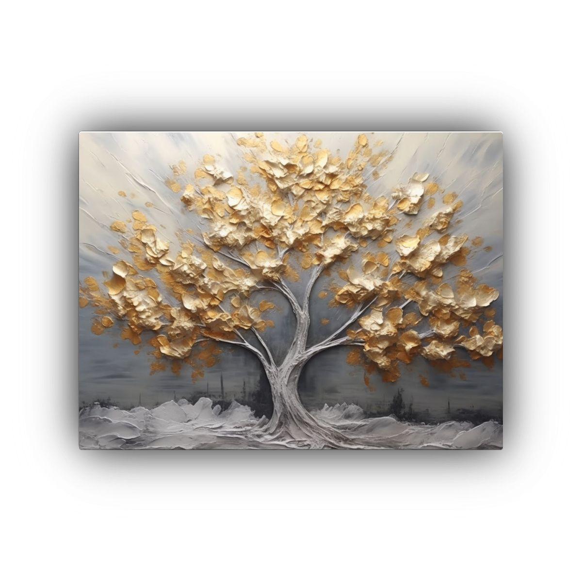 Pintura De árbol Con Hojas Grises Y Doradas: Originalidad E 90x60cm-0