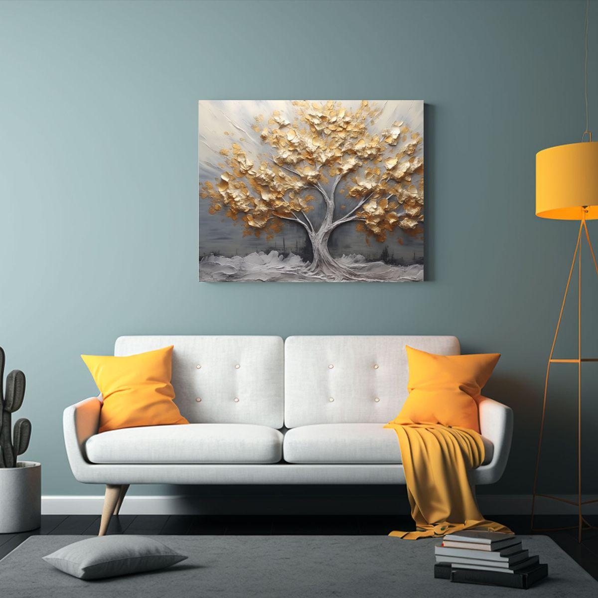 Pintura De árbol Con Hojas Grises Y Doradas: Originalidad E 90x60cm-2