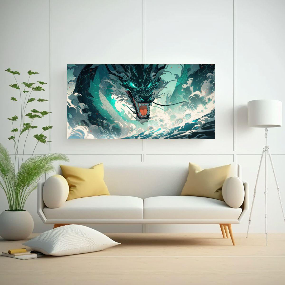 Pintura Lienzo Intensidad Dragón Turquesa Y Azul, 160x80cm-2