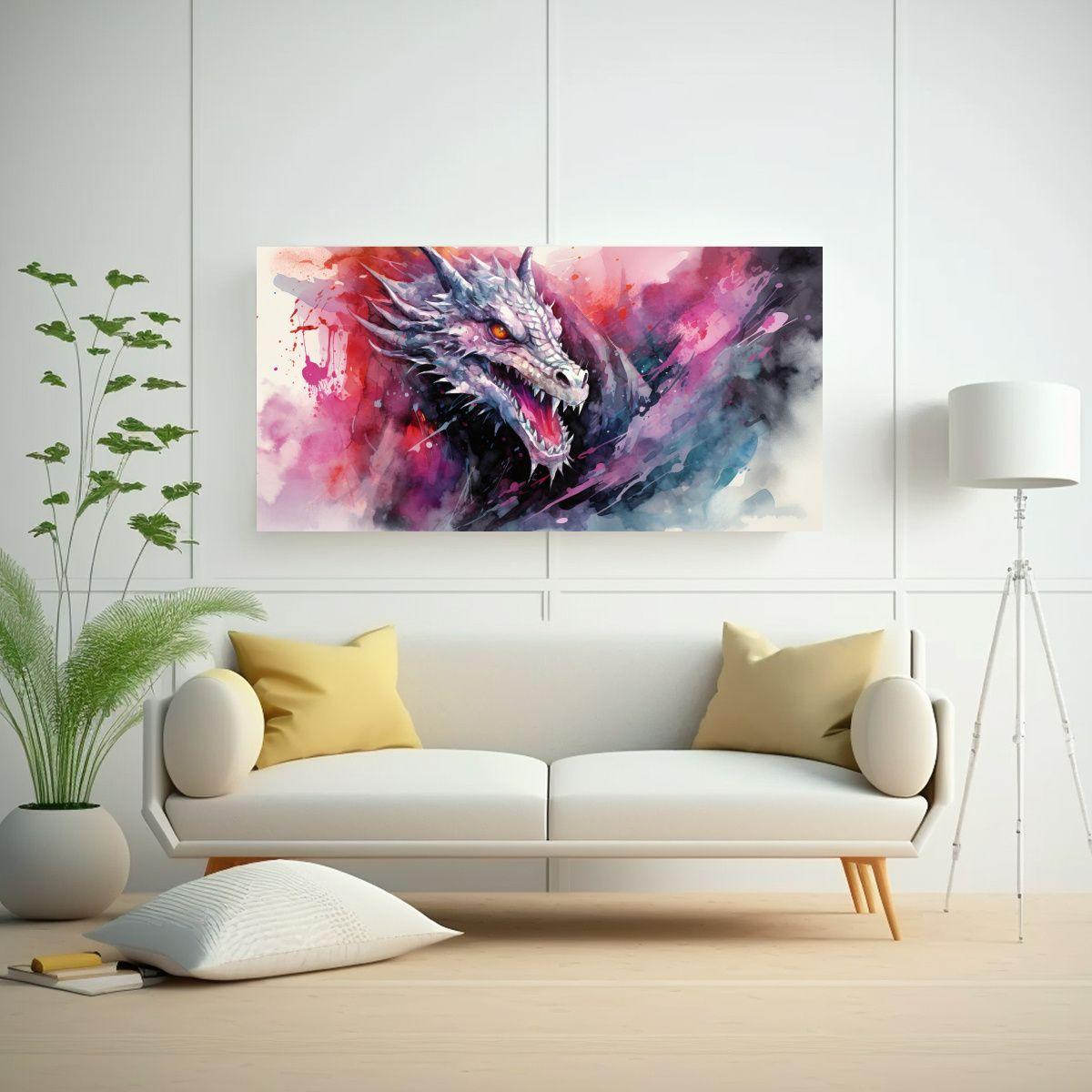 Cuadro Dragon Acuarela Temática Neonoir En Bastid 160x80cm-2