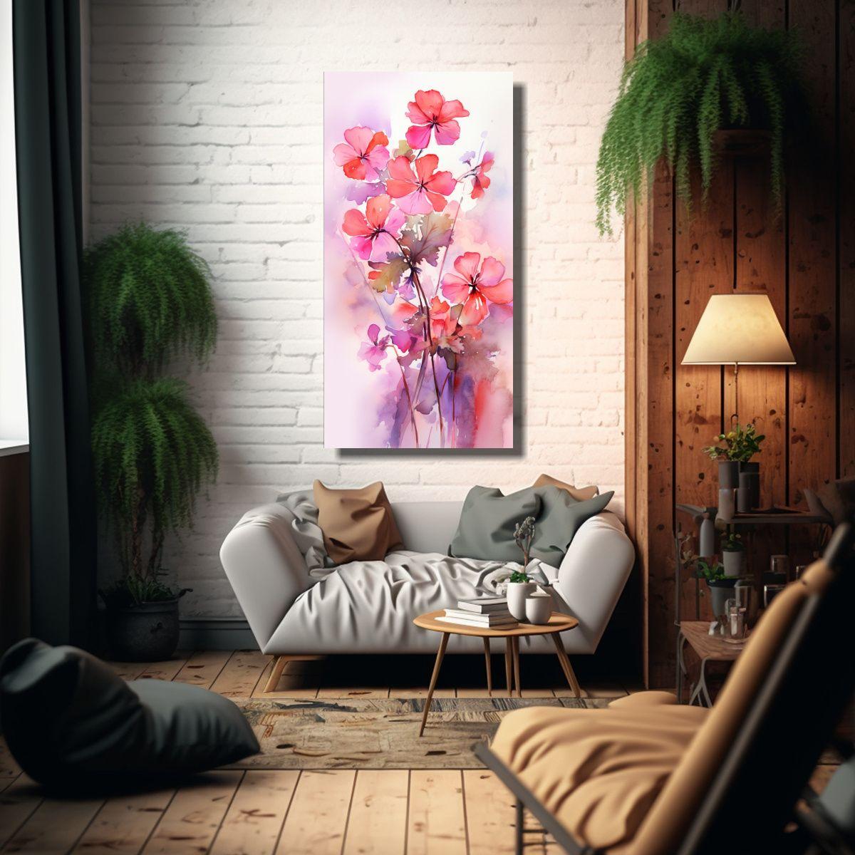 Pintura Abstracta De Flores Geranio En Colores Ros 60x120cm-2