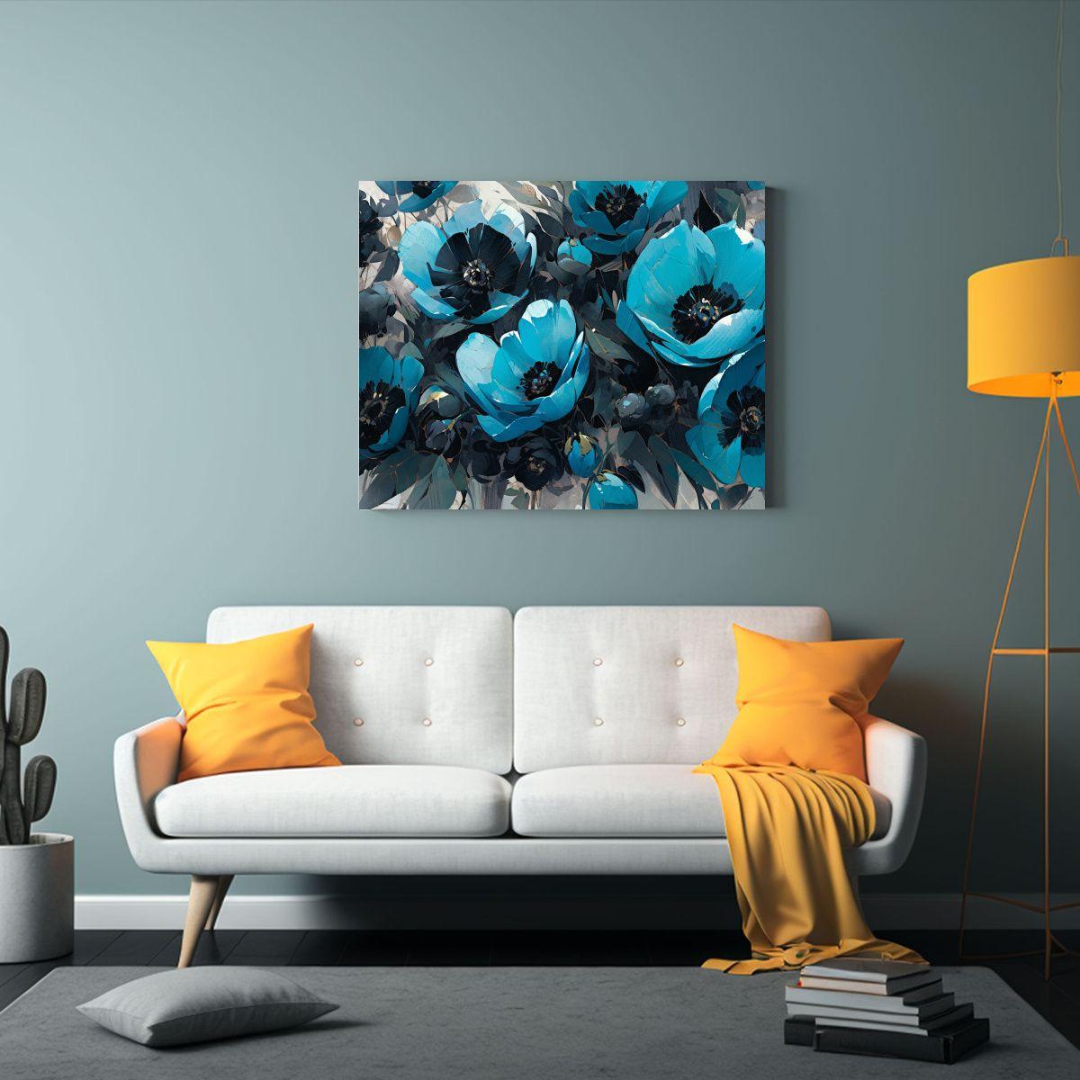 Pintura De Flores En Tonos Turquesa Y Negro Sobre 50x40cm-2