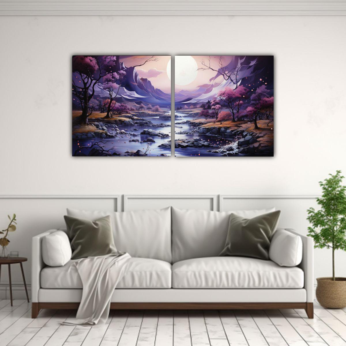 Dos Lienzos Tonos Luminosa: Paisaje De Montaña 60x30 Cm-2