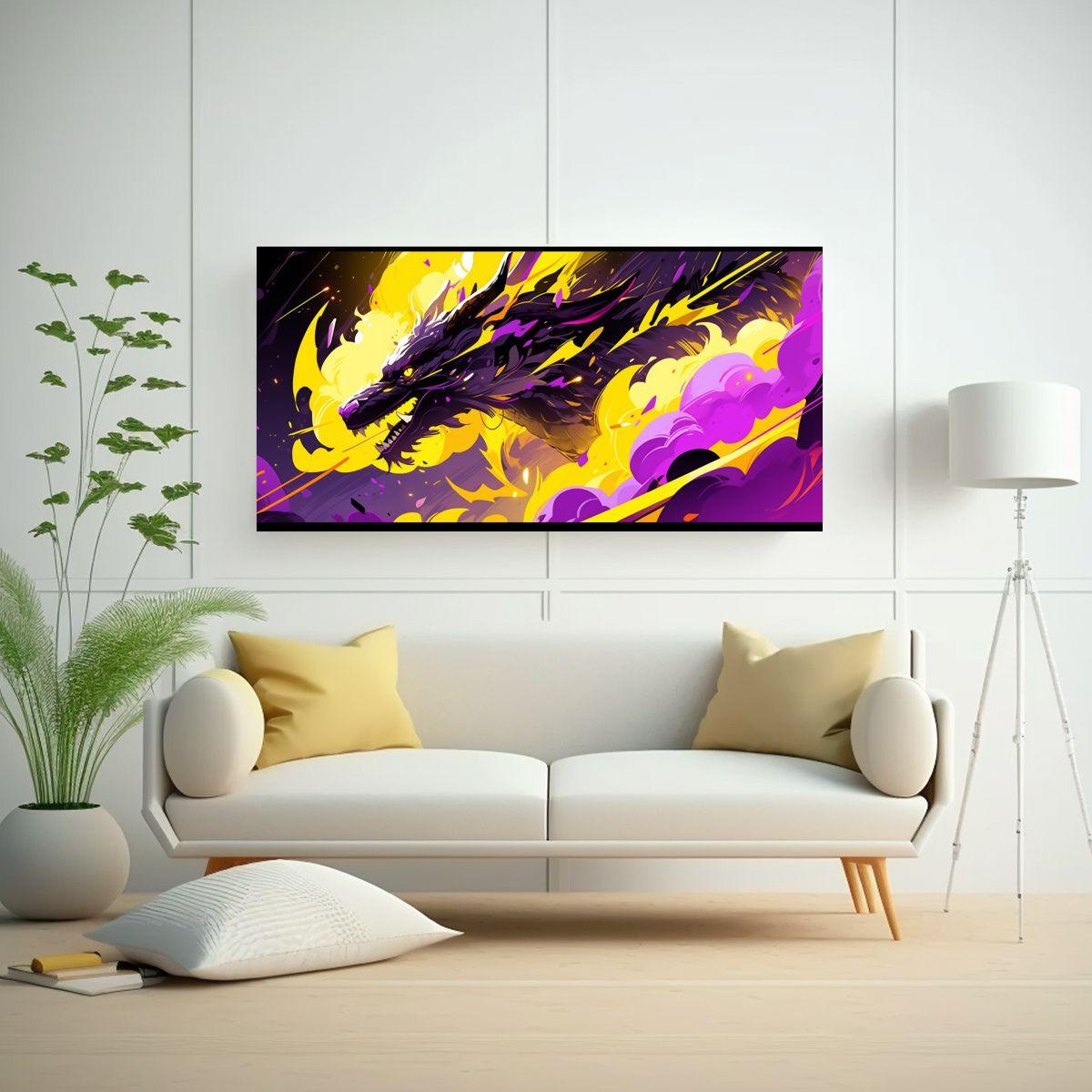 Cuadro Surrealista: Dragón En Amarillo Y Morado,  60x30cm-2