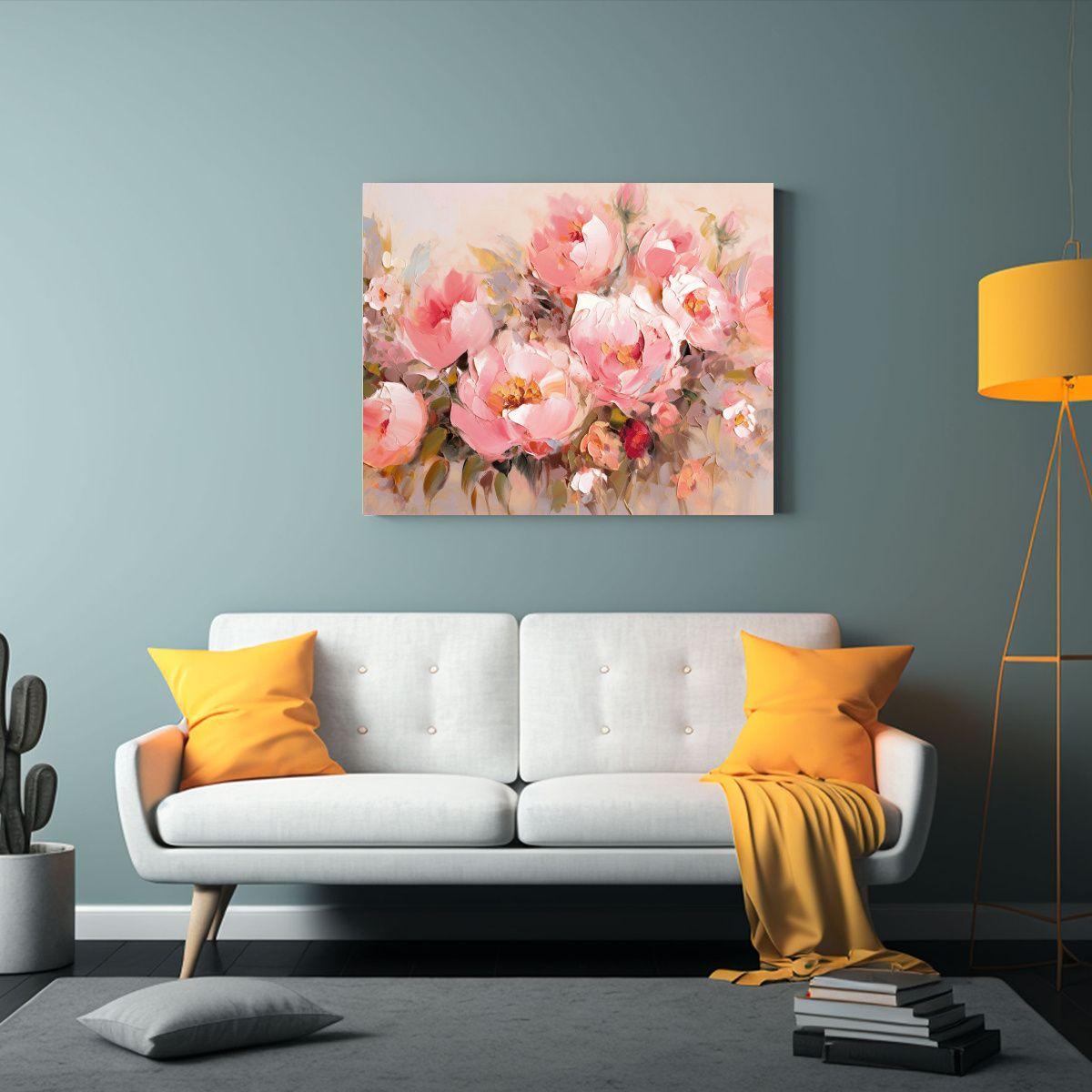 Pintura De Flores En Tonos Dorados Y Rosados Sobre Lienzo. 90x60cm-2