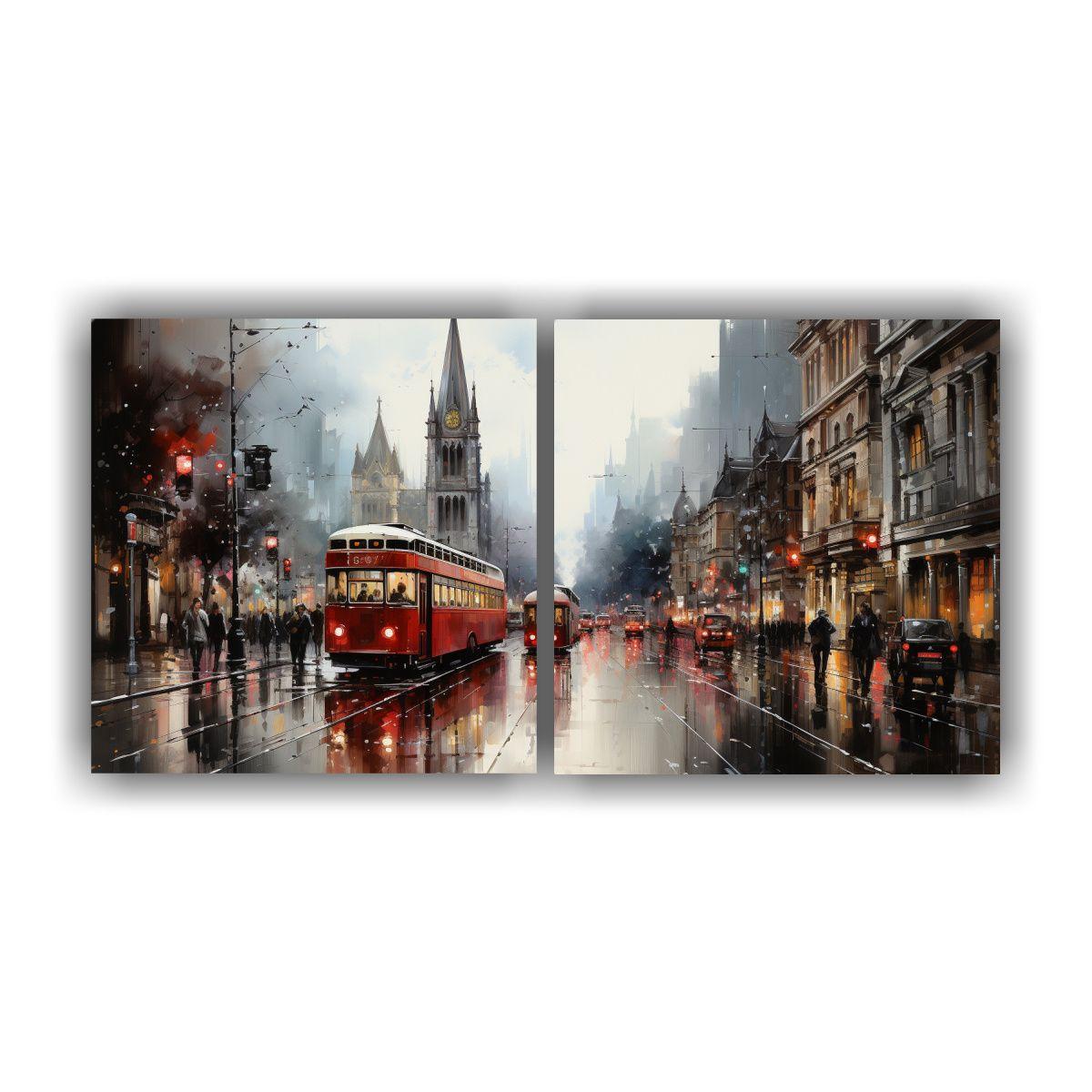 Dos Telas Modernas Estilo Acuarela Cuadro Ciudad 80x40 Cm-0