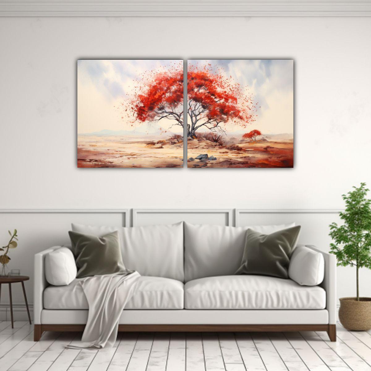 Pintura Acuarela árbol Acacia Minimalista Rojo Y 40x20 Cm-2