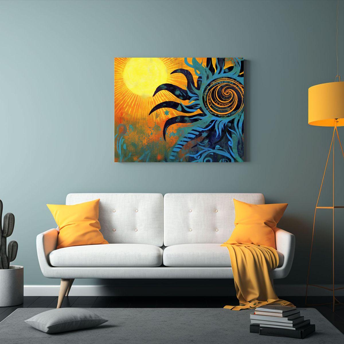 Pintura Negra De Sol Y Hoja Colorida, Estilo Impactante 75x50cm-2