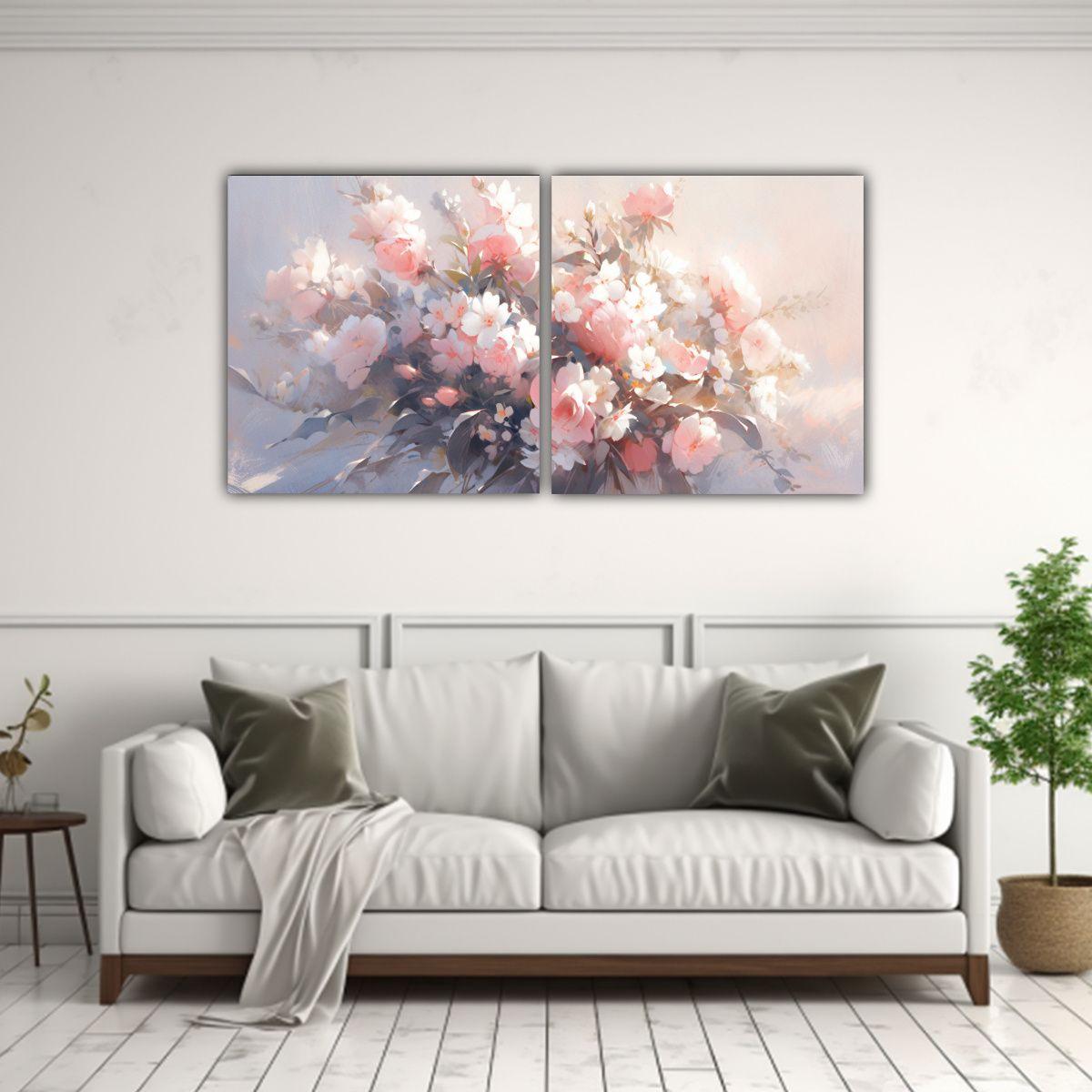 Pintura Díptico Composición Moderna Flores 60x30 Cm-2