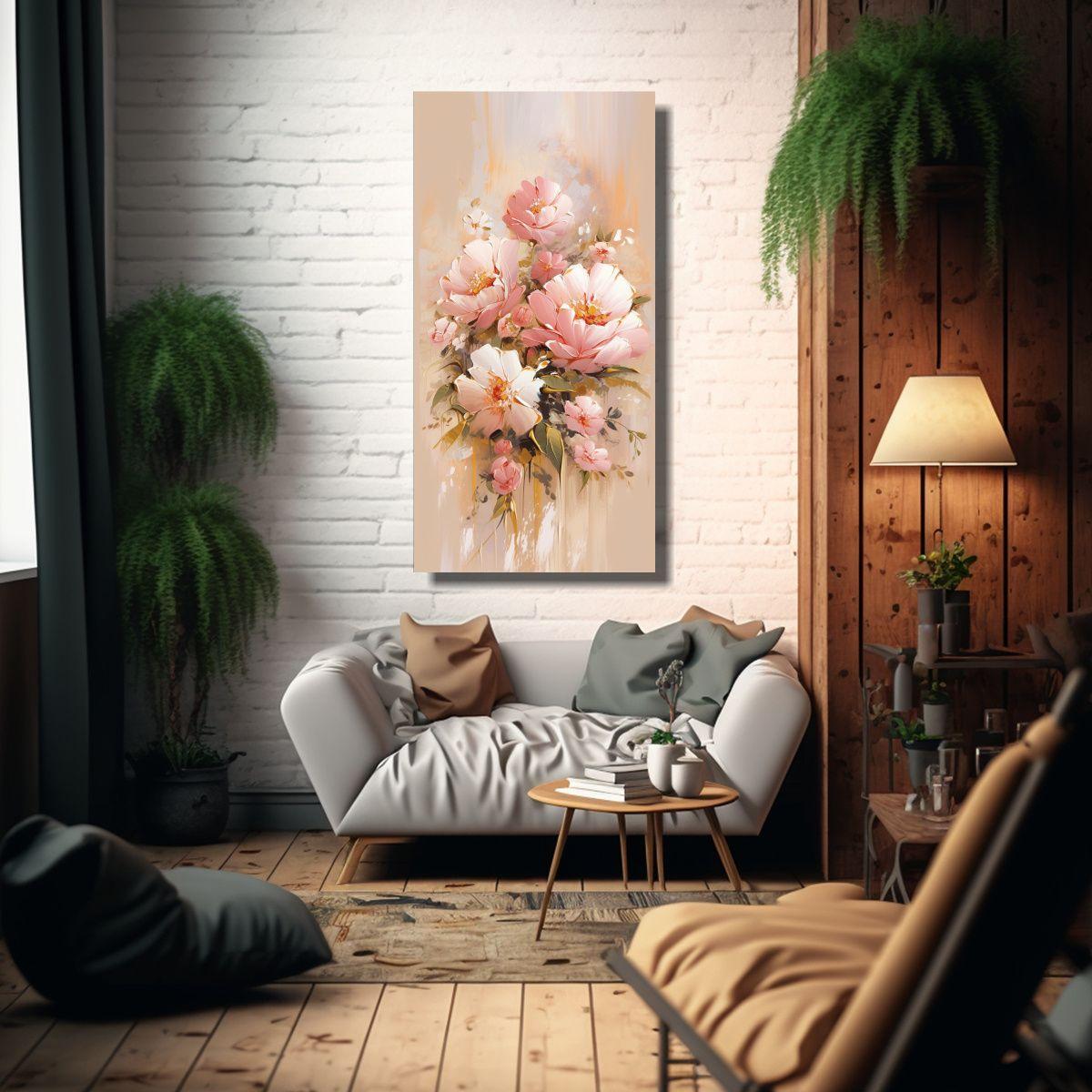 Cuadro Hermoso De Flores En Tono Dorado Y Rosa 60x120cm-2