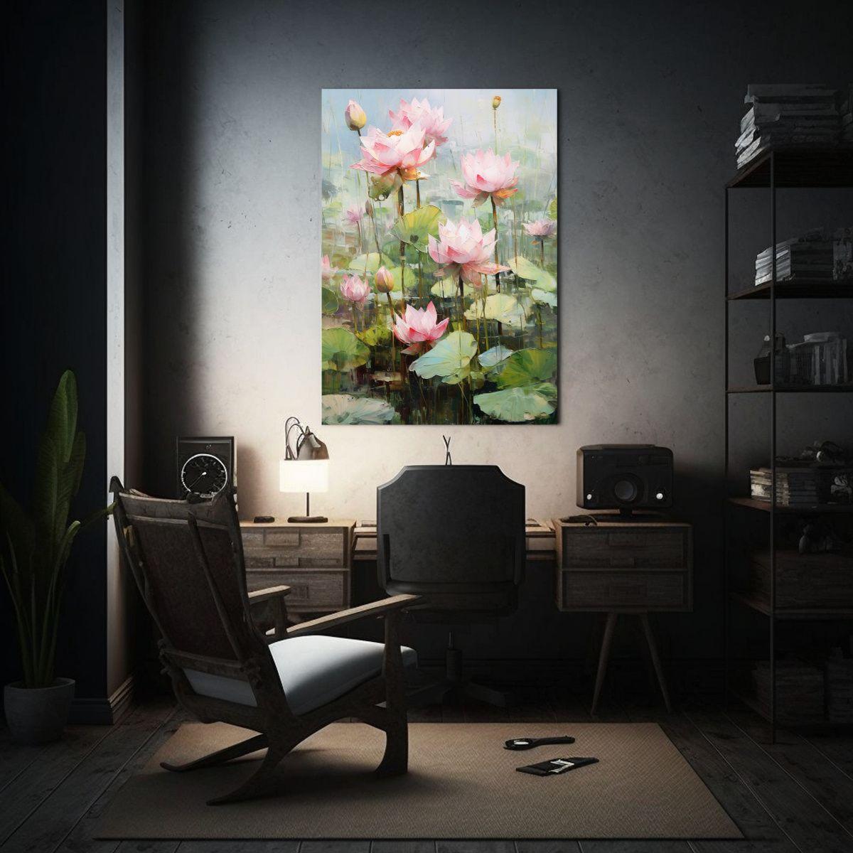 Pintura Mural De Loto En Fondo Blanco Limpio, Diseño Floral 50x65cm-2