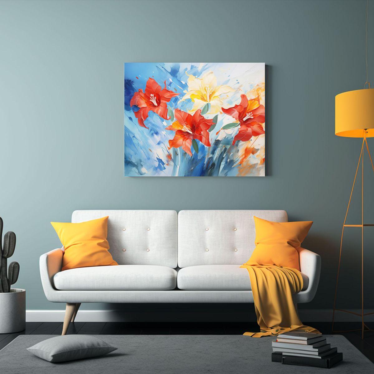 Cuadro Abstracto Representando Flores Narcisos En Rojo Y Azu 60x40cm-2