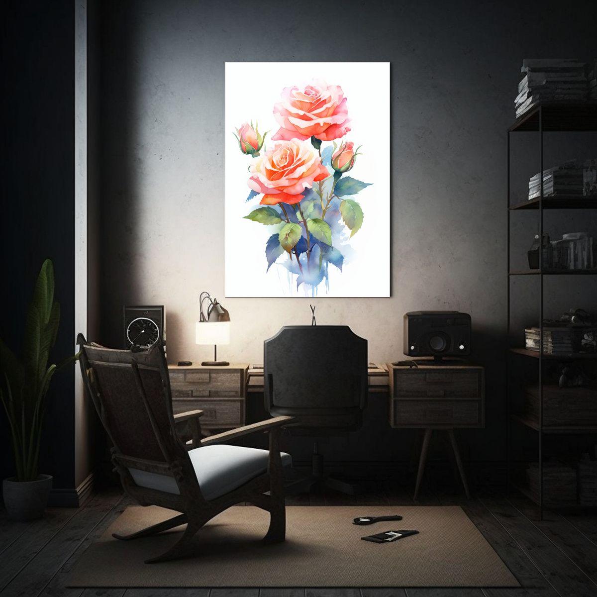 Pintura Decorativa De Rosas En Acuarela De Alta 50x65cm-2