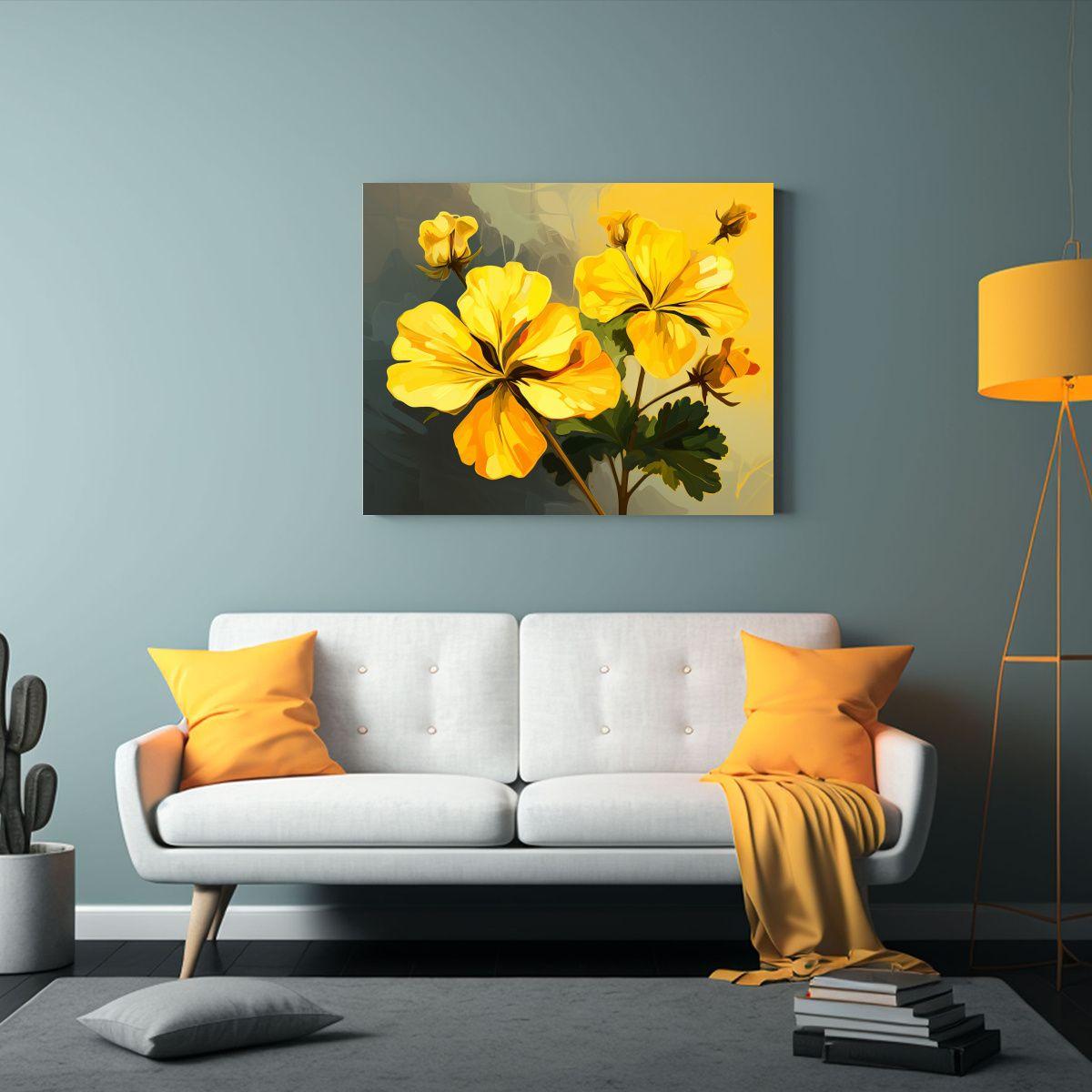 Pintura Mural Con Flores De Geranio Amarillo En Am 90x60cm-2