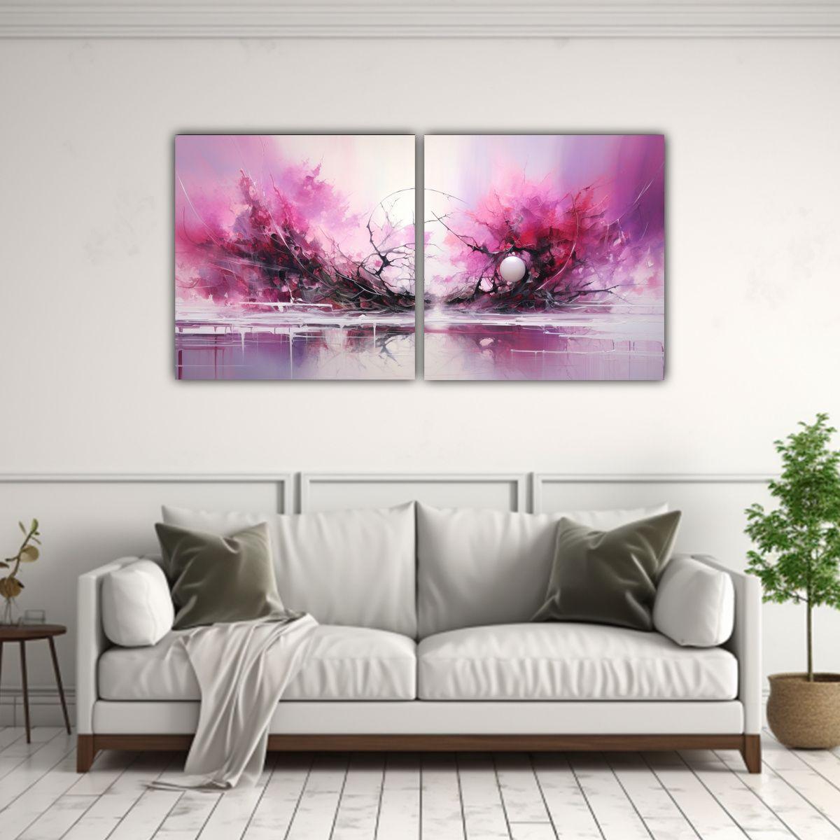 Díptico Tema Adorno Pintura Abstracta Rosa 100x50 Cm-2