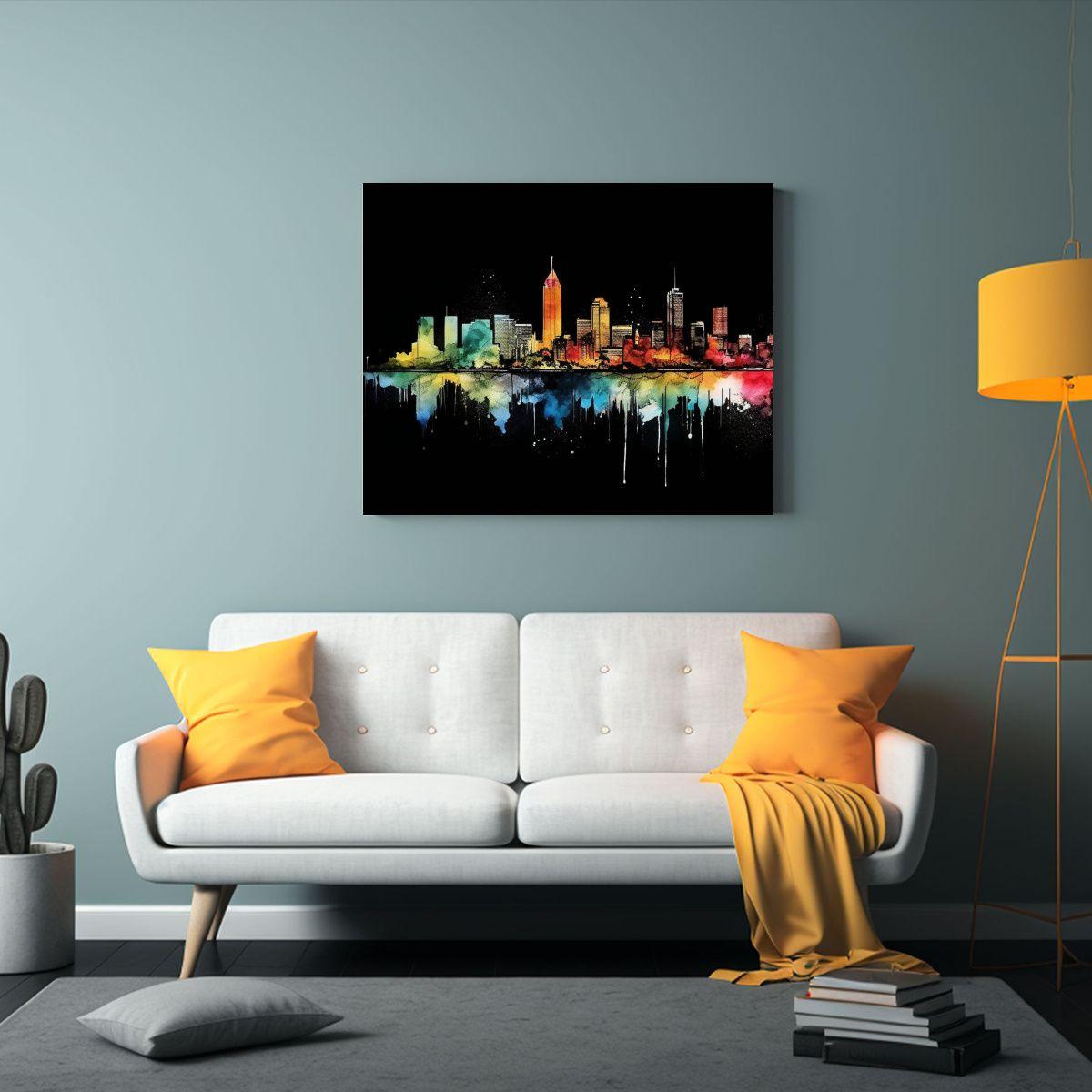 Cuadro Acuarela Detallado Del Horizonte Urbano Visto Desde A 60x40cm-2