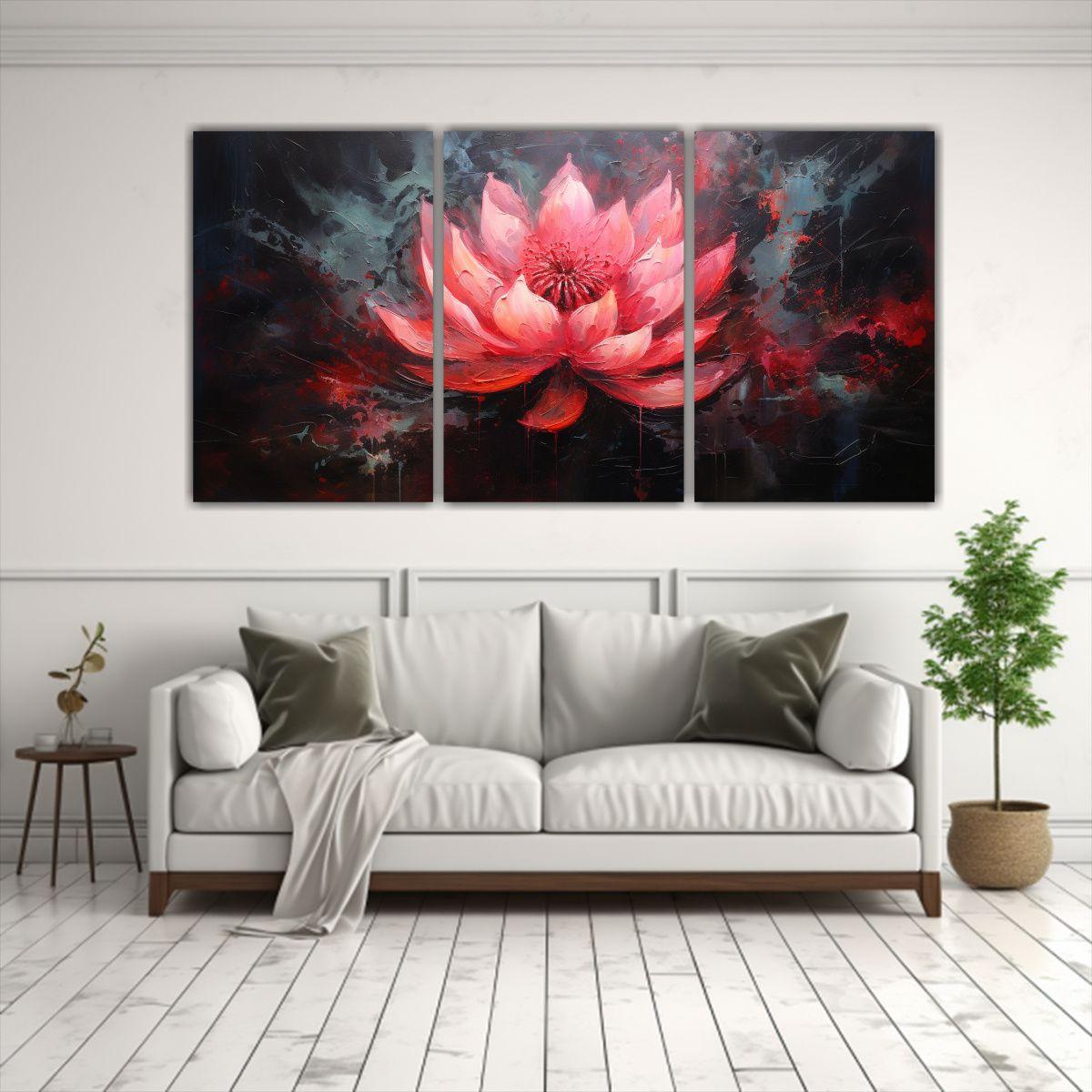 Pintura Abstracta Tres Cuadros Poder Loto Negro 120x60 Cm-2
