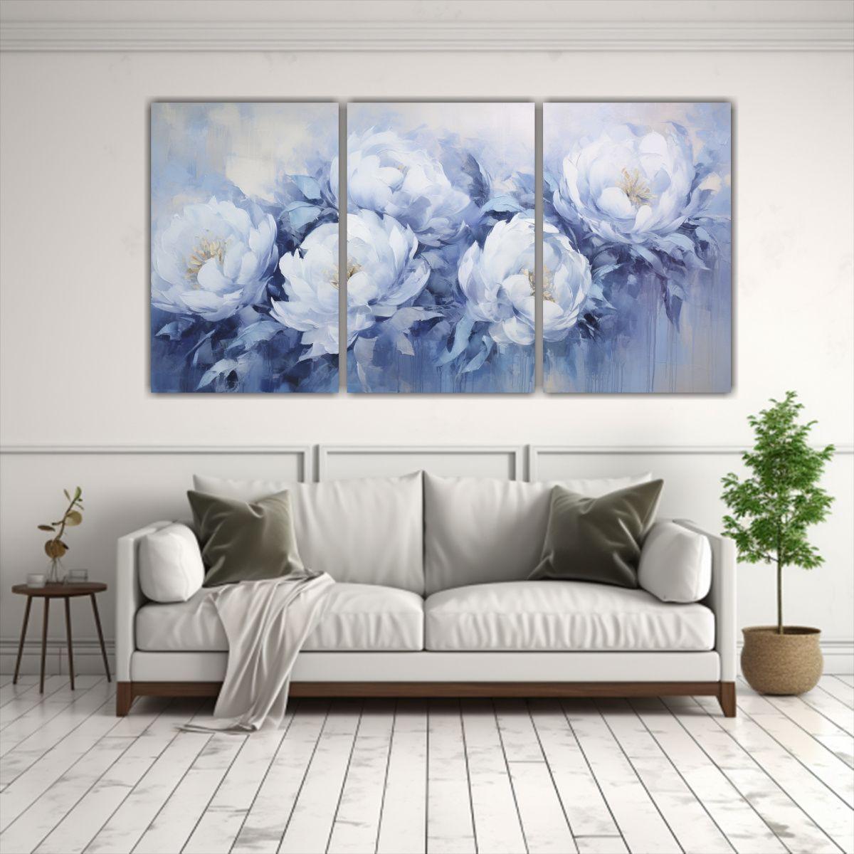 Pintura De Pared En Lienzo Estilo Peonías Azules 90x45 Cm-2