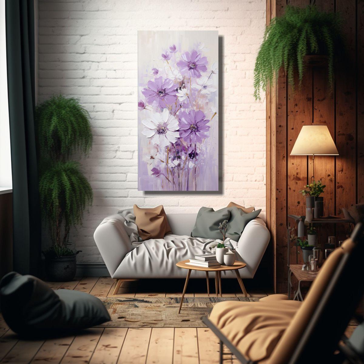 Pintura En Lienzo De Flores Moradas Y Blancas 20x40 Cm-2