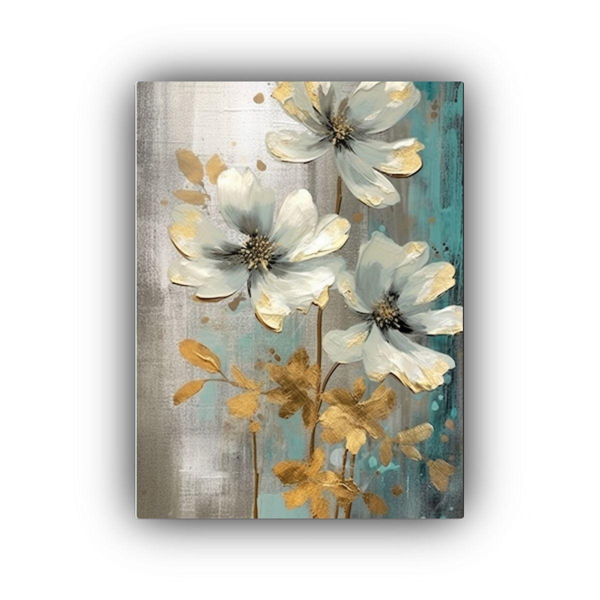 Pintura De Flor Turquesa En Estilo Gris Y Dorado 20x30cm-0