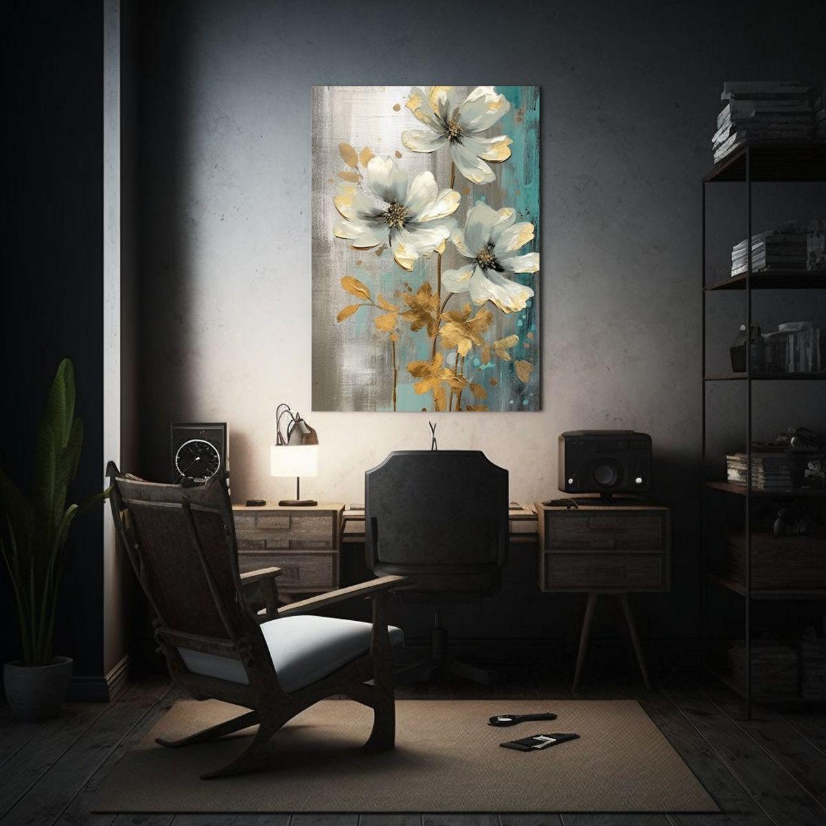 Pintura De Flor Turquesa En Estilo Gris Y Dorado 20x30cm-2