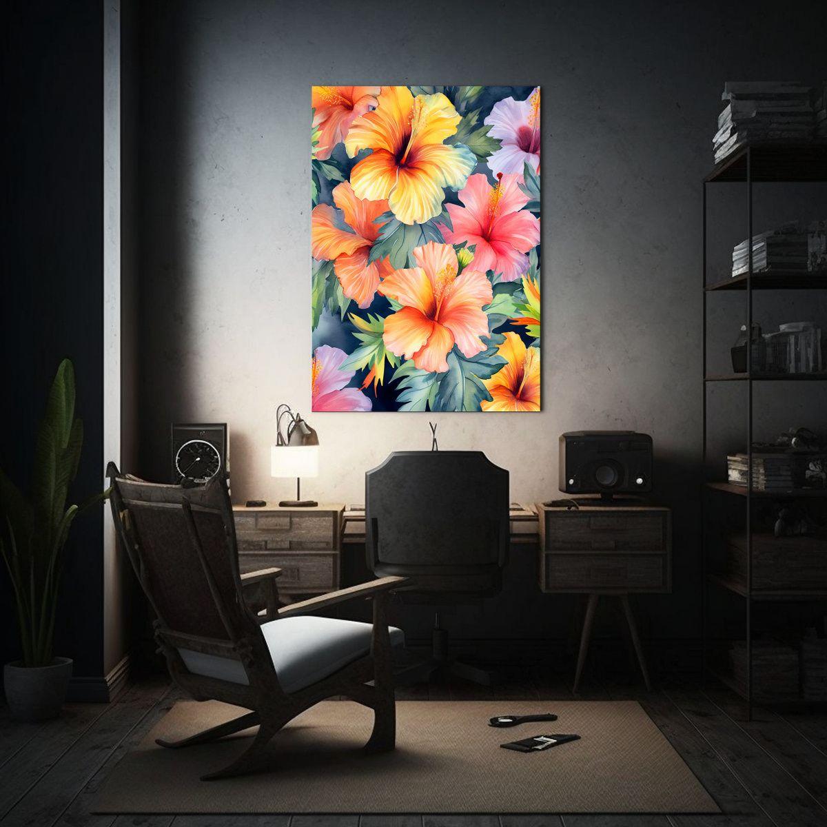 Tela En Bastidor Hibiscus Flores Acuarela Fondo 50x75cm-2
