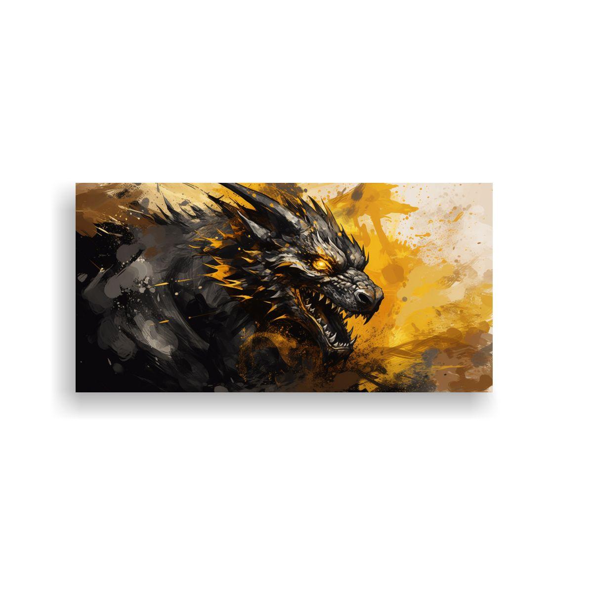 Cuadro En Bastidor Patrón Intenso Dragón Oro Y N 60x30cm-0