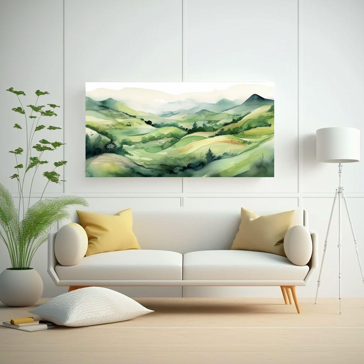 Cuadro Abstracto De Suaves Colinas Con Prado Verde 60x30cm-2