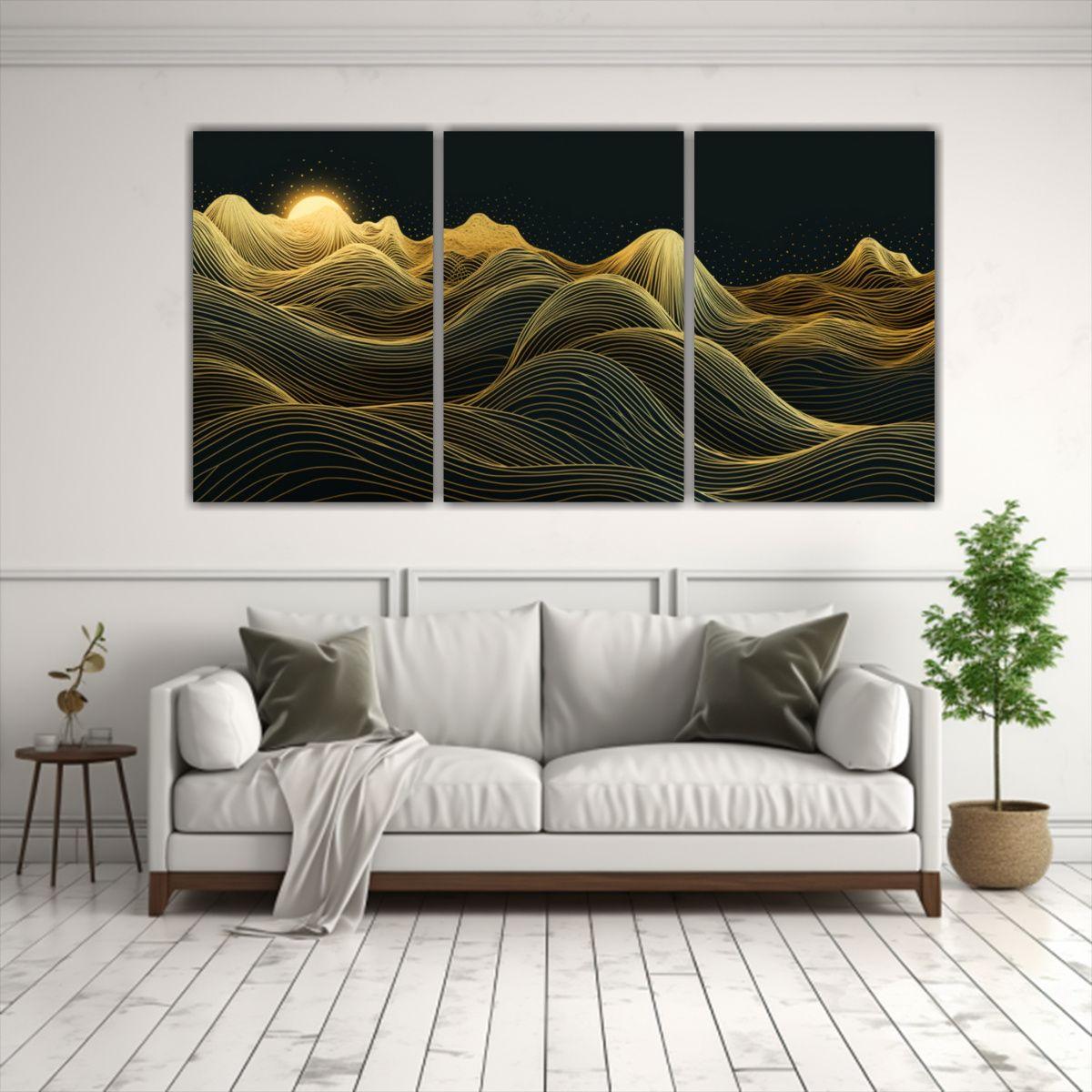 Pinturas Abstractas De Paisaje Montañoso En Oro 60x30 Cm-2