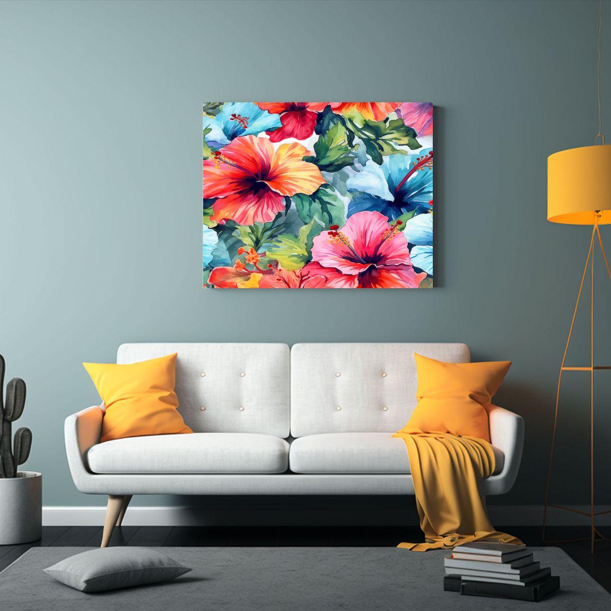 Cuadro Hibiscus Flores Estilo Galería Pintura Acuarela Bell 75x50cm-2