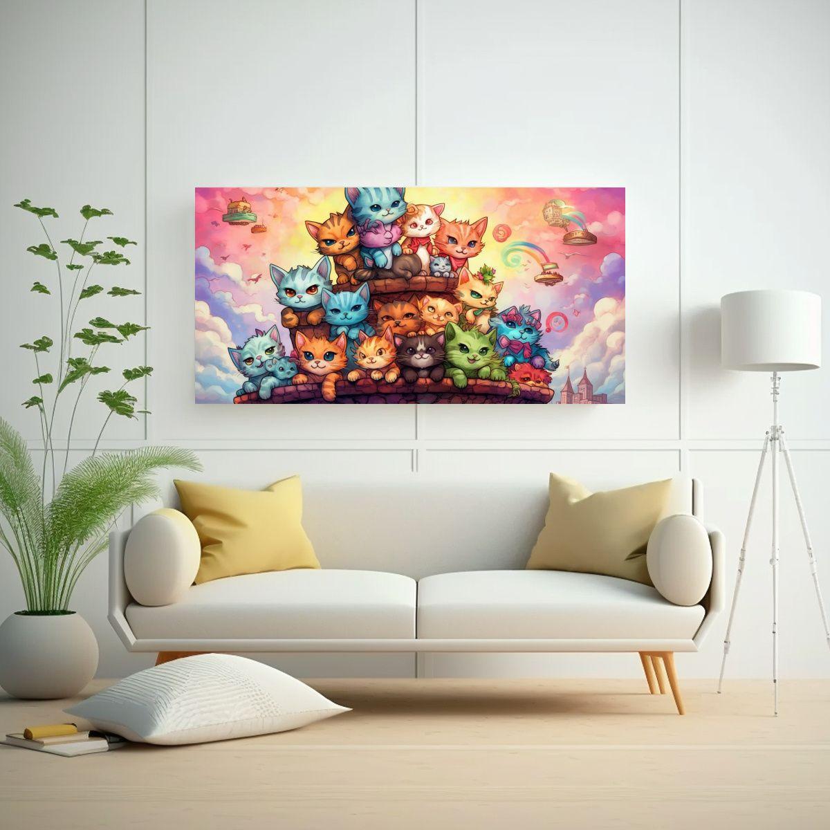 Cuadro Gatos Colores Perched En Pila Mirándose 160x80cm-2
