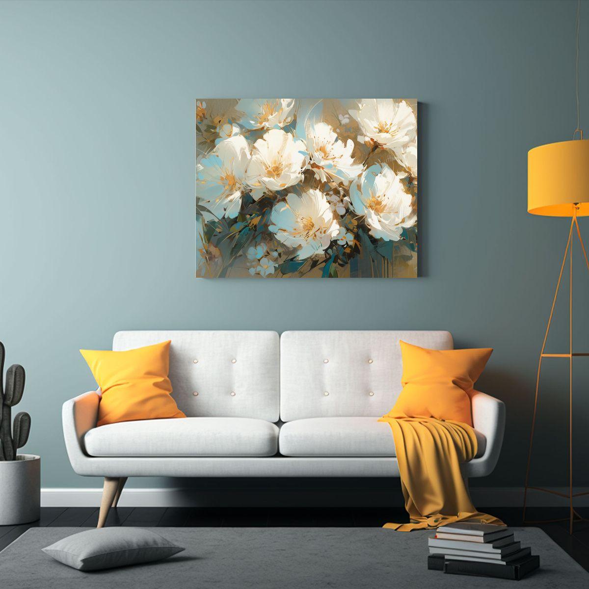 Pintura De Flores En Turquesa Y Oro Sobre Lienzo En Decoraci 120x80cm-2