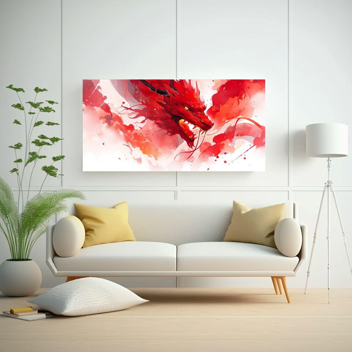 Cuadro Decorativo Dragón Acuarela Y Colores Rojos 100x50cm-2