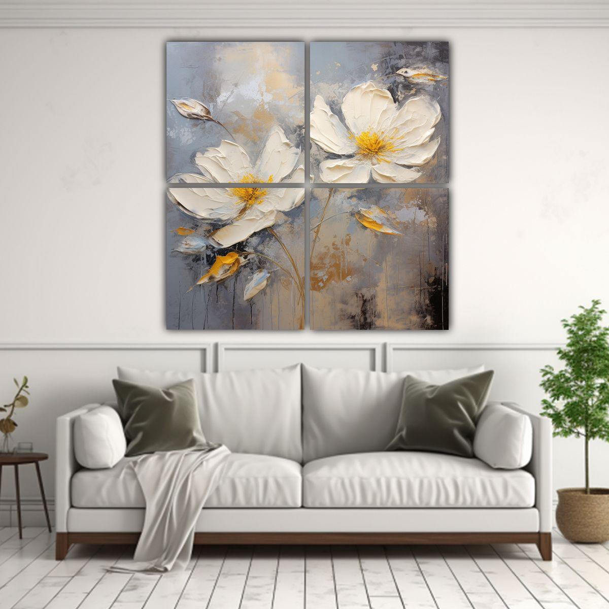 Pintura En Lienzo De Flores Amarillas Y Plateadas 40x40 Cm-2