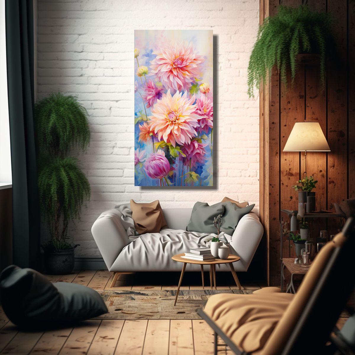 Pintura Abstracta Acuarela Dalias Colores Pastel 50x100 Cm-2