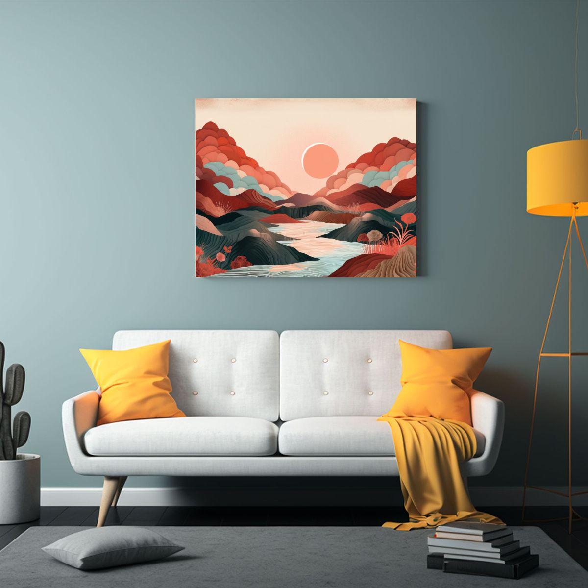 Cuadro Clásico De Montañas Y Valle Con Sol, Pintura Decora 45x30cm-2