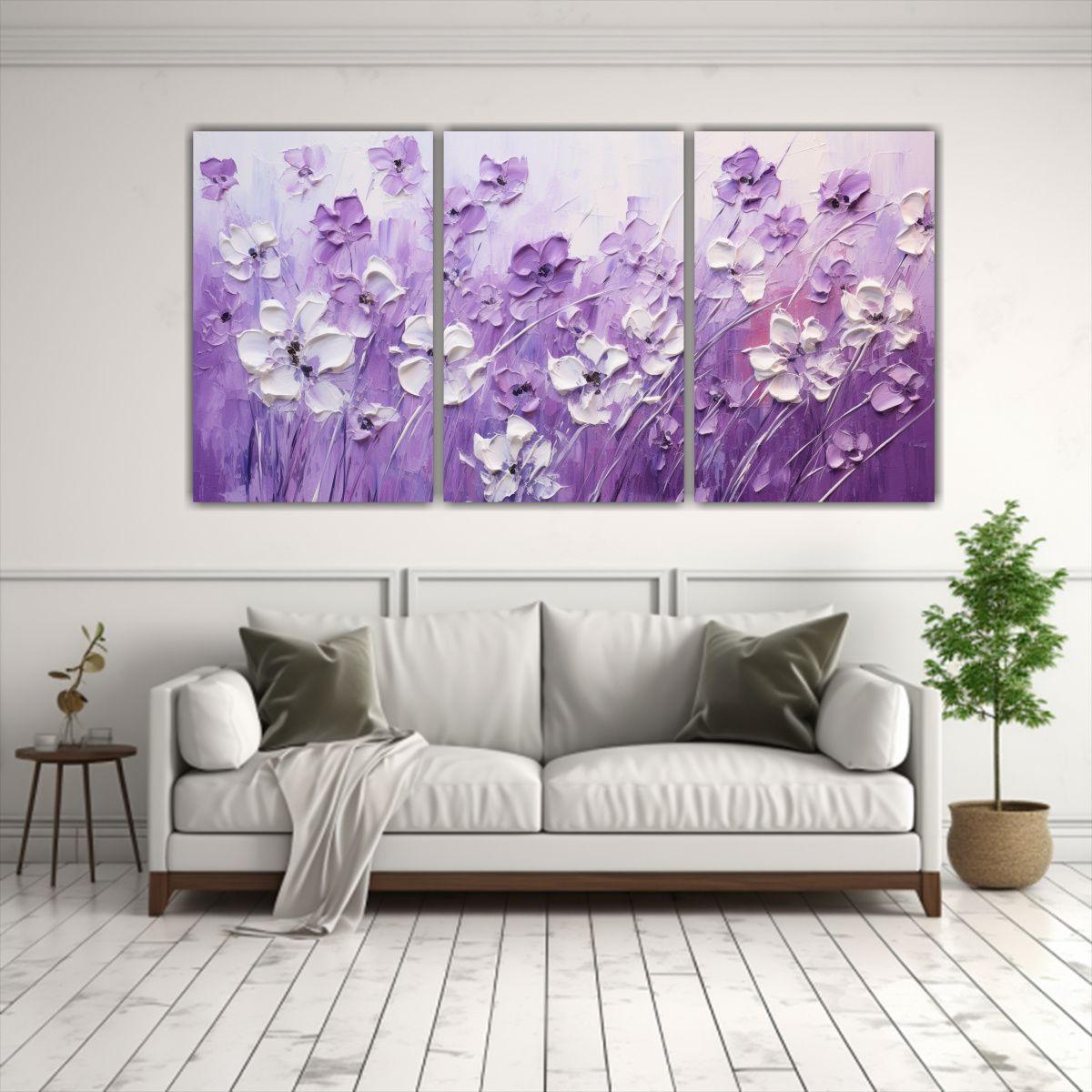 Pintura En Lienzo De Flores Moradas Y Blancas 90x45 Cm-2