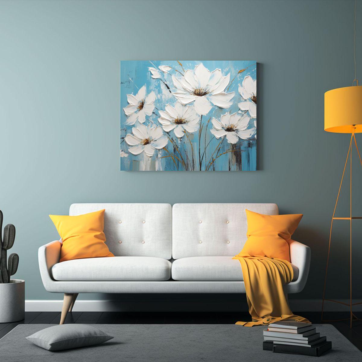 Pintura En Lienzo De Flores En Colores Blanco Y Turquesa Par 75x50cm-2
