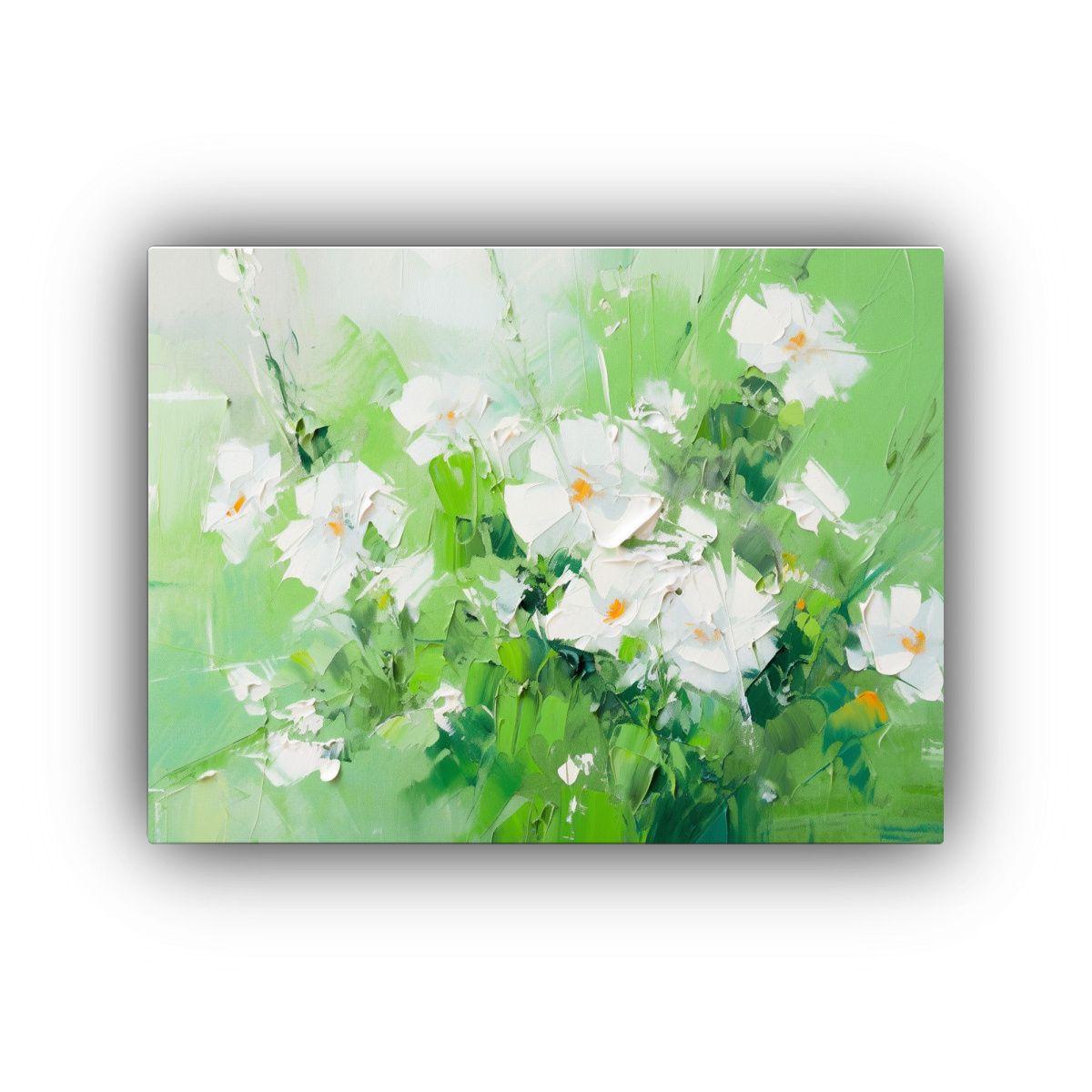 Pintura En Lienzo De Flores En Colores Verde Y 45x30cm-0