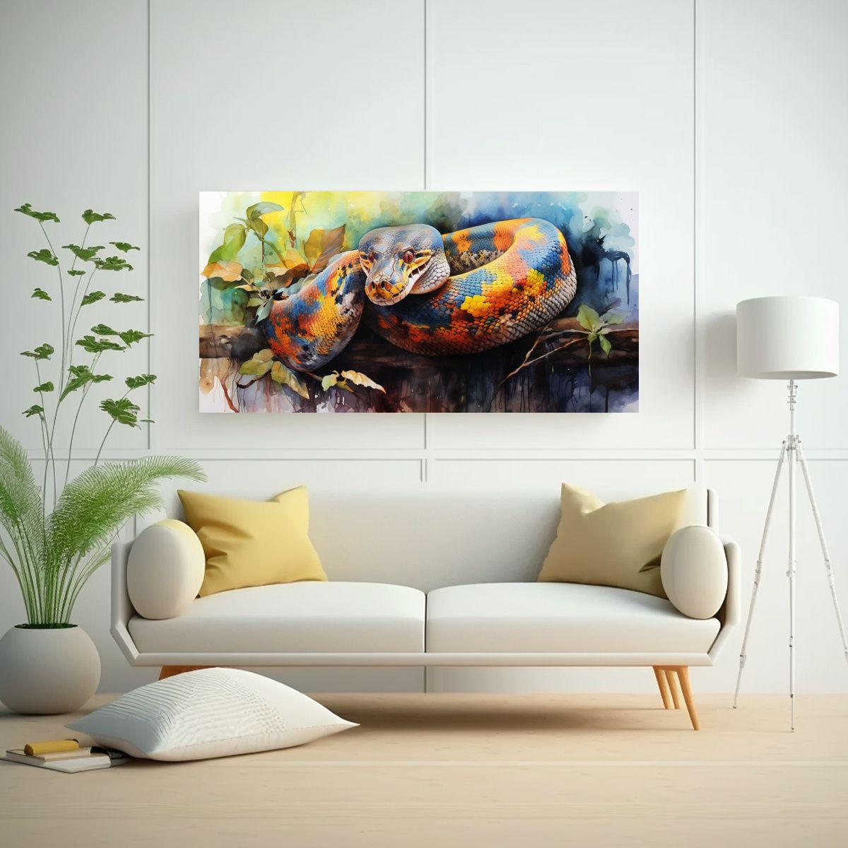 Pintura Estilo Acuarela Colorida Serpiente Boa En  100x50cm-2