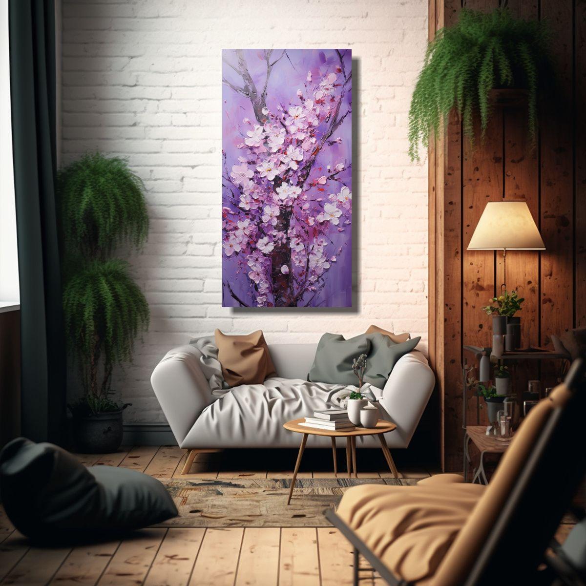 Intenso Pintura De Cerezos Morados Arte Comedor 20x40cm-2
