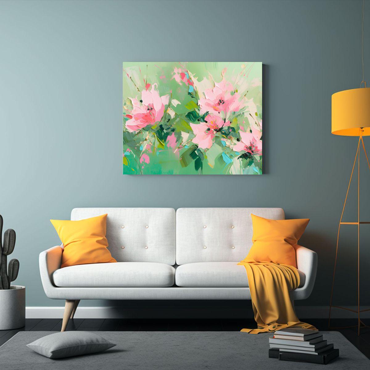 Cuadro De Flores Vivas En Lienzo Moderno En Colores Verde Y  90x60cm-2