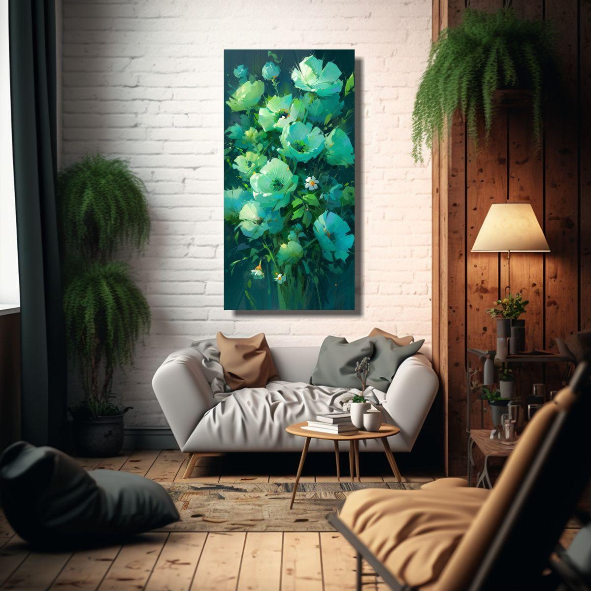 Pintura En Lienzo De Flores En Colores Verde 30x60 Cm-2