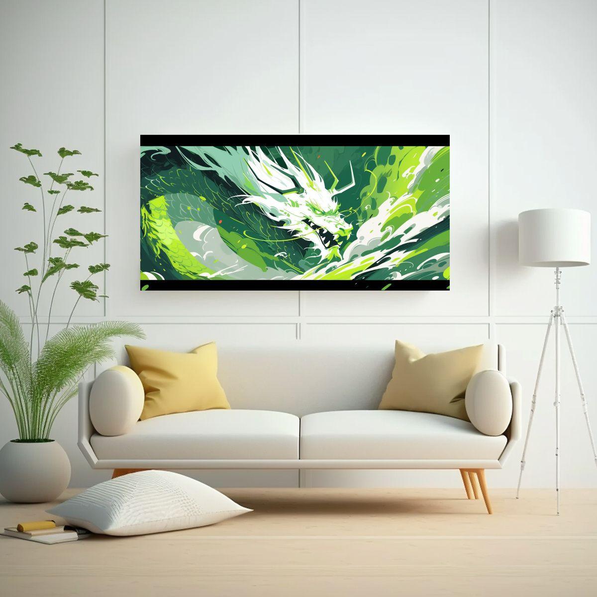 Cuadro Tela Dragón Verde Y Blanco: Neonoir 40x20cm-2