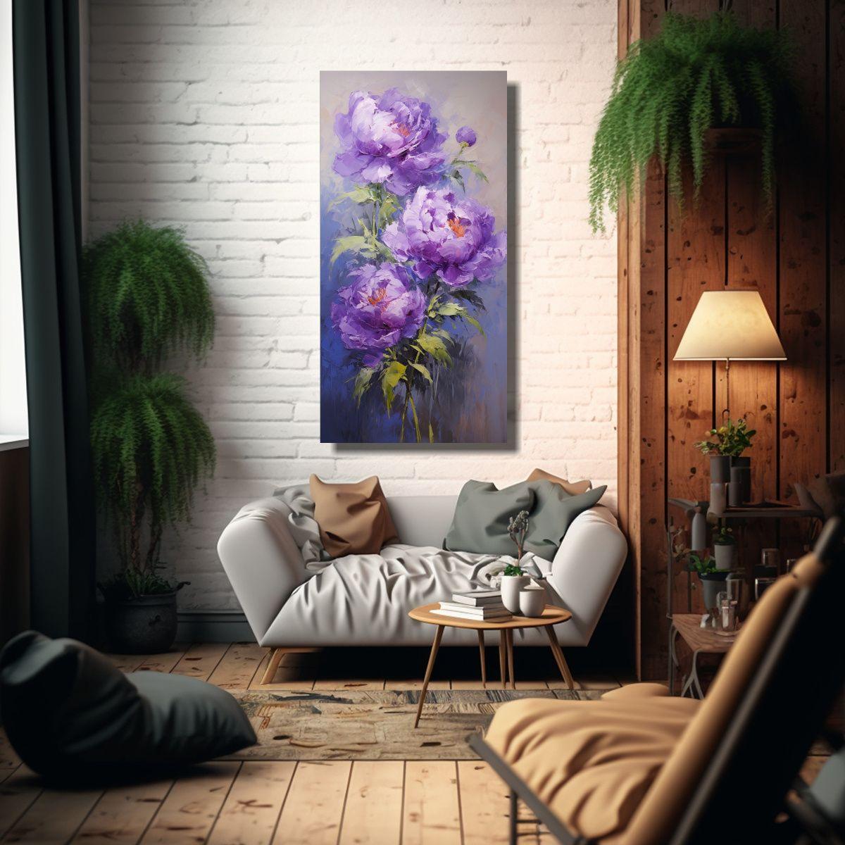 Pintura En Lienzo De Peonías Púrpuras, Arte 70x140 Cm-2