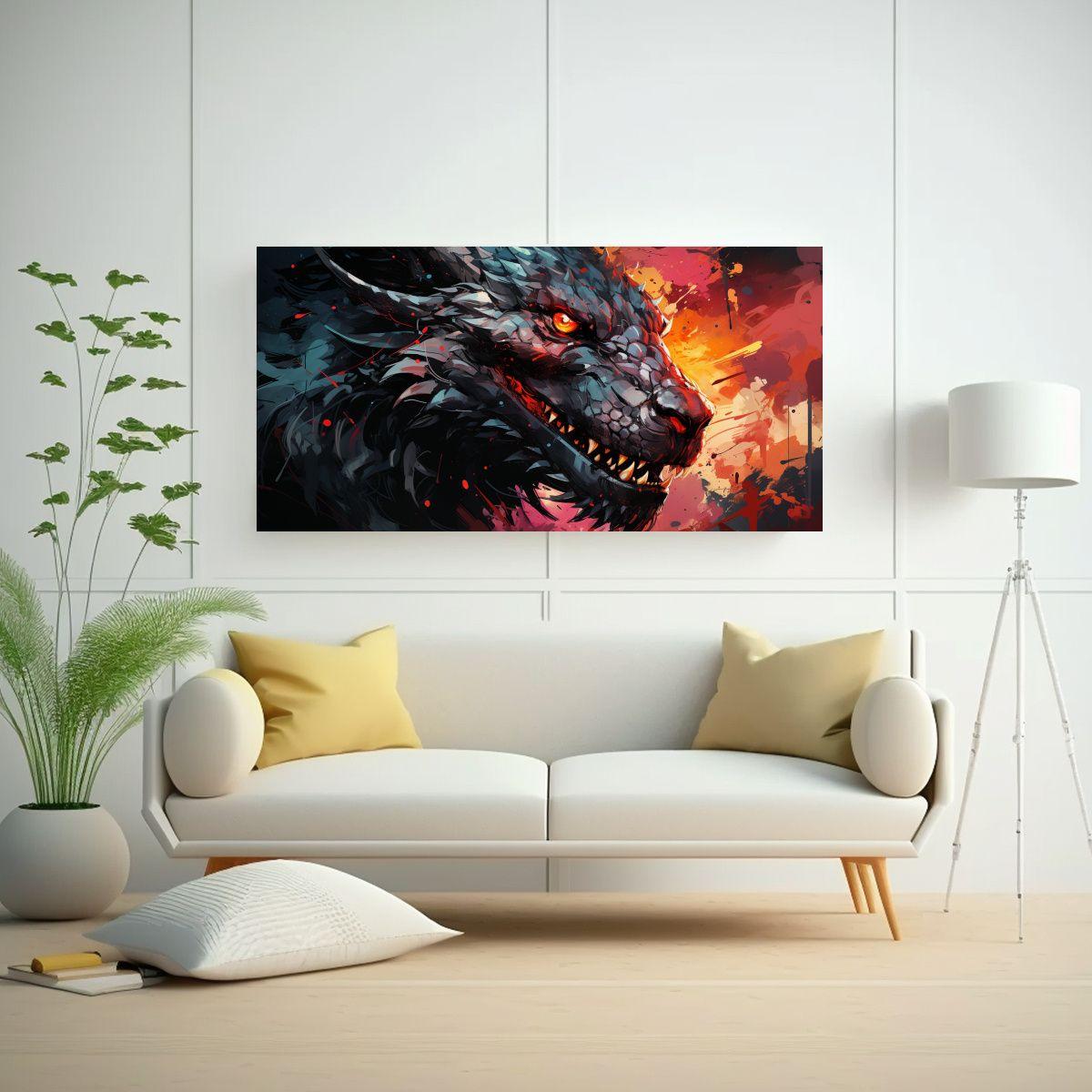 Cuadro Vintage Luminoso Con Dragón Rojo Y Negro,  60x30cm-2
