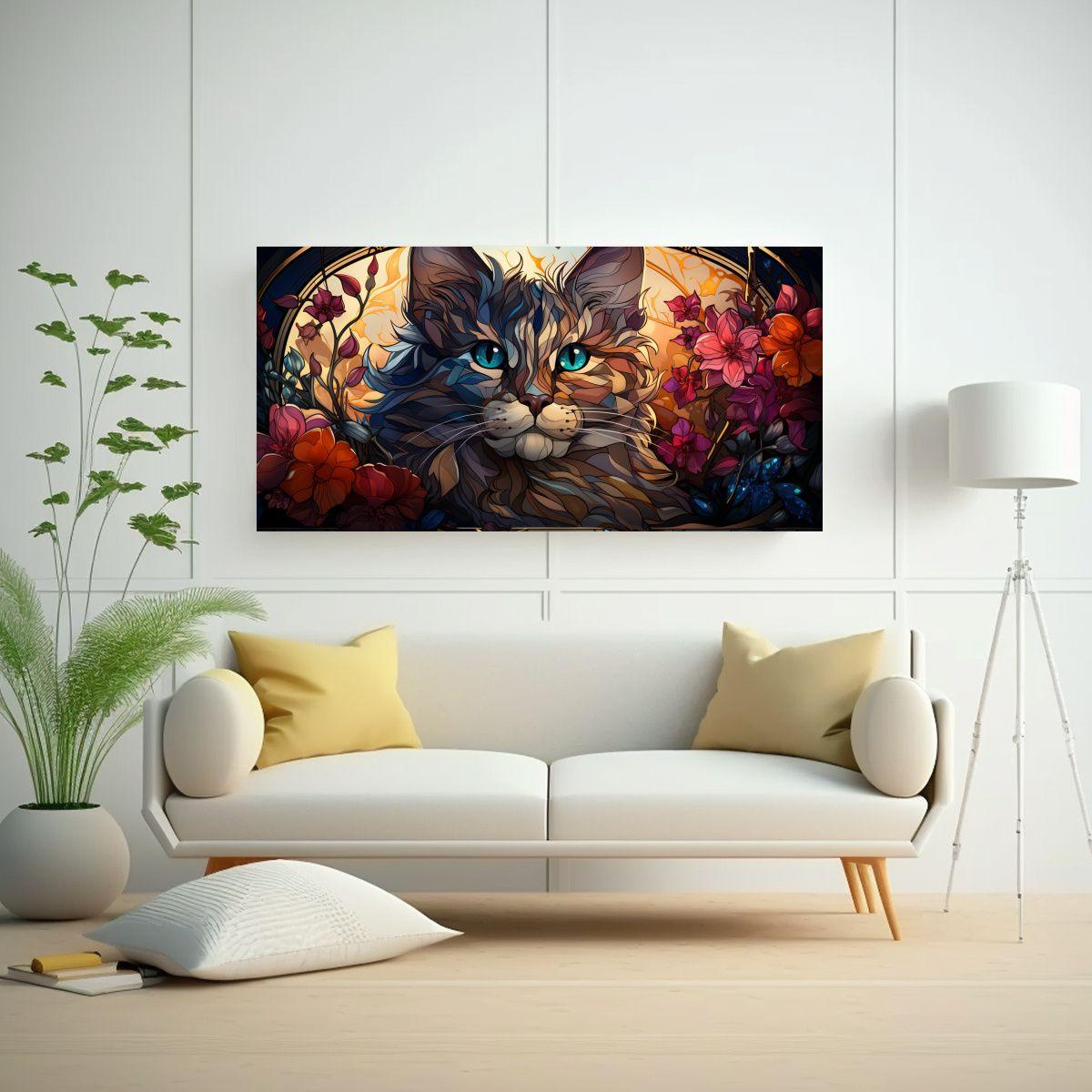 Pintura De Pared Impresa: Gato Sonriente De 140x70cm-2