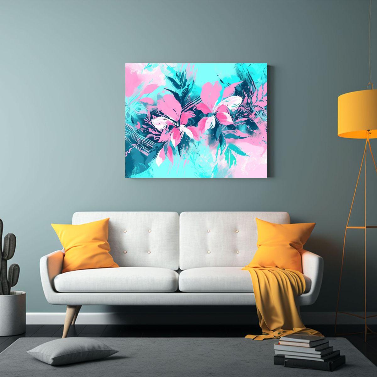 Cuadro De Dibujo Expresivo En Turquesa Y Rosa, Estilo Neonoi 65x50cm-2