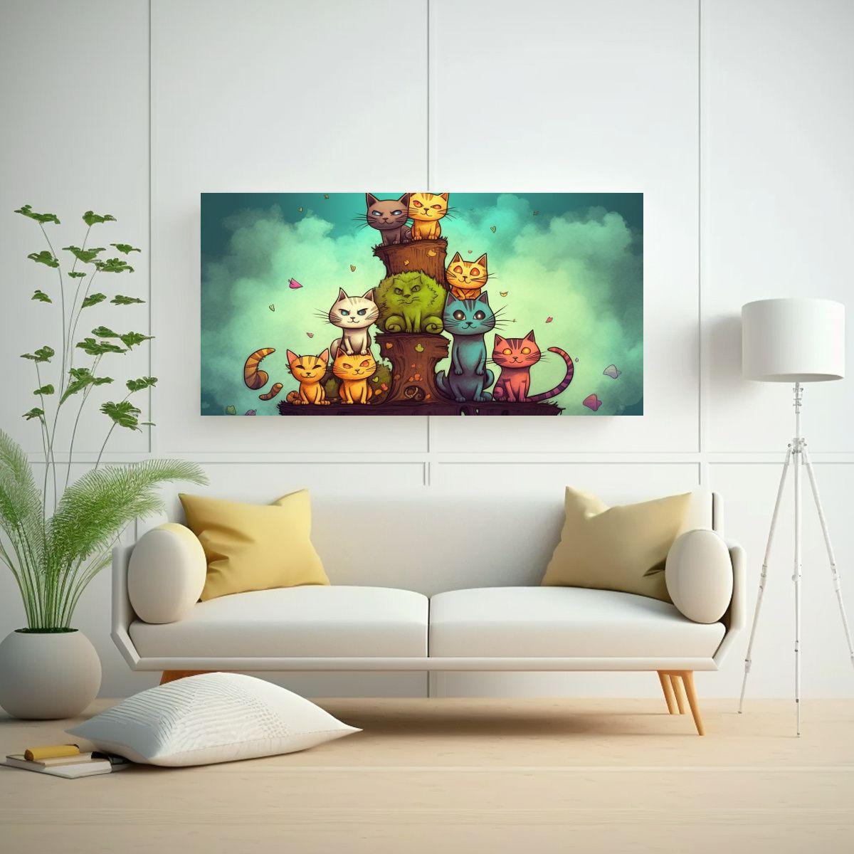 Cuadro Decorativo Gatos En Pila Mirando Hacia El. 100x50 Cm-2